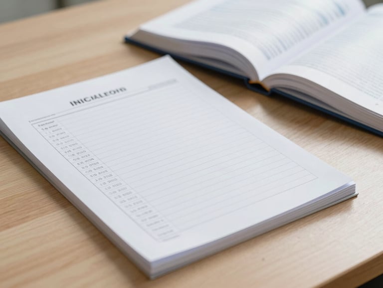 Close-up of structured clinical stationery and an open medical reference book on a clean wooden desk, soft diffused side lighting.