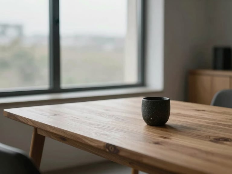 A clean minimalist workspace with zero clutter, a single dark stone cup on a raw oak desk, overcast daylight coming from a large window.