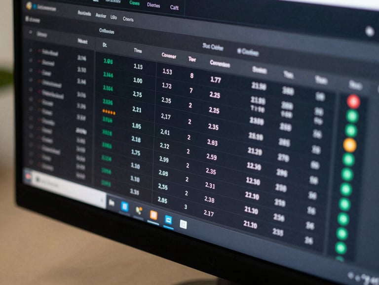 Macro shot of a dark-mode data dashboard showing real-time conversion metrics and active campaign bids, crisp natural daylight illuminating the monitor edge.