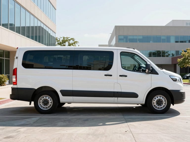 Crisp daytime photograph of a branded white fleet vehicle parked outside the professional office building suites in Kansas City, bright natural light, professional corporate photography