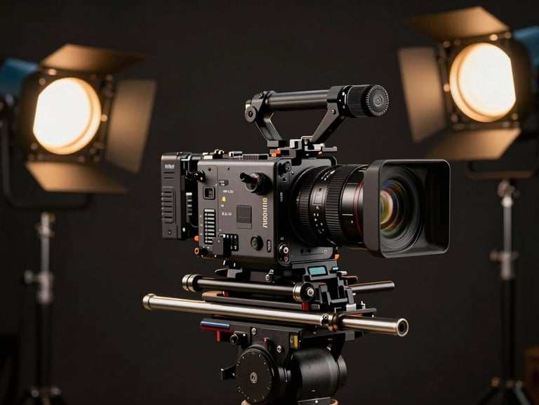 A professional video production setup with cinematic lighting, a high-end camera rig in focus, warm gold accent lights in a dark studio environment
