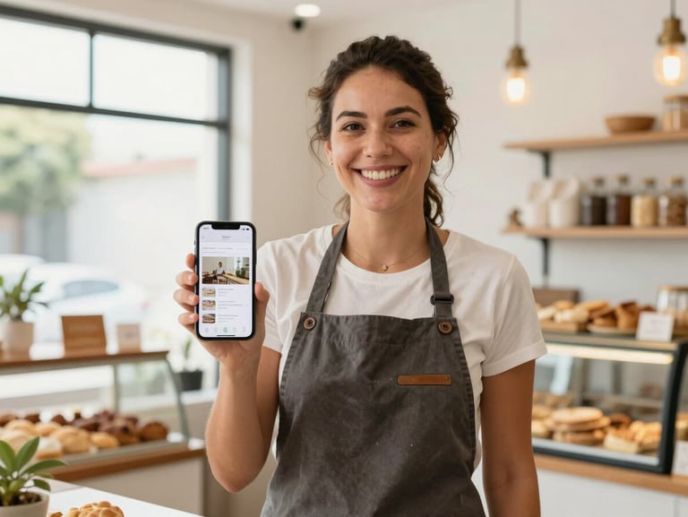 Medium environmental portrait of a smiling local business owner in a bright, modern bakery in Brazil, holding a smartphone showing a clean website layout, high-key natural daylight from a side window, honest and professional feel.