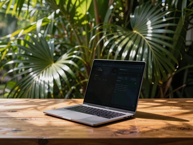 Wide environmental shot, overexposed tropical sunlight with high-contrast shadows, a sleek laptop open on a wooden table under lush green palm foliage.