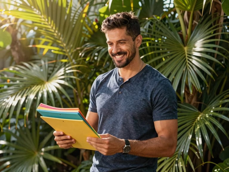 A vibrant studio shot of a friendly German instructor holding colorful learning materials, framed by lush tropical palm leaves under bright warm sunlight.