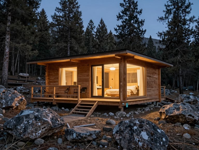 Premium eco-resort wooden cabin architecture nestled in a rocky Mongolian valley, warm interior lighting spilling onto the surrounding forest floor during twilight.