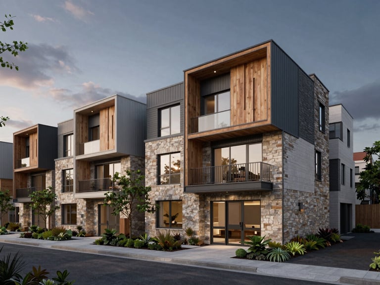 A modern 20-unit townhouse complex render under dramatic evening sky, featuring integrated infrastructure, stone and natural timber facades, and professional landscaping.