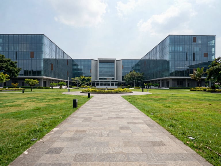 Wide-angle daylight shot of the modern Thakur campus plaza, clean stone pathways, green manicured lawns, and contemporary glass academic buildings in Mumbai