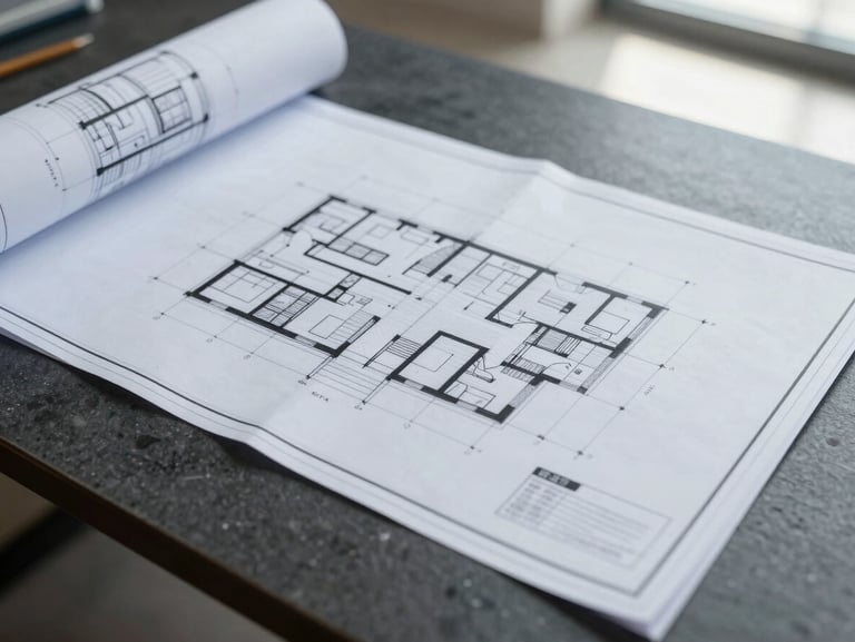 Clean, flat-lay composition of technical construction drawings and blueprints on a dark charcoal desk, illuminated by bright, natural overcast daylight to emphasize crisp architectural lines.