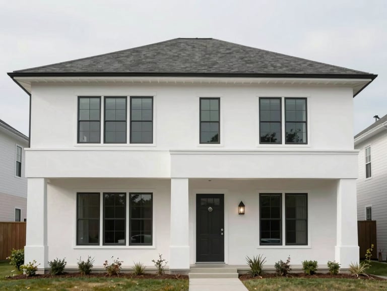 Straight-on architectural elevation of a modern two-story home addition in Arlington, clean white stucco, precise structural lines, overcast daylight.