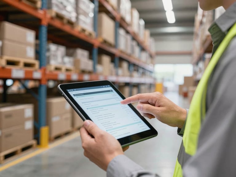 Close-up of a logistics manager holding a digital tablet in a brightly lit, modern Australian warehouse, reviewing inventory levels on high-bay racking.
