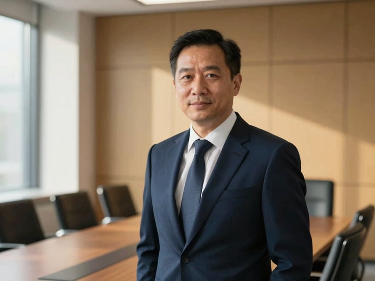 Hasselblad medium format medium-close portrait of an executive leader in a sharp navy suit, warm natural side light, professional boardroom background.