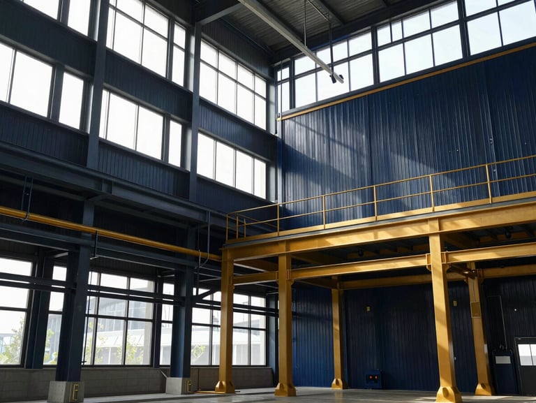 Hasselblad medium format shot of a state-of-the-art industrial facility interior, clean structured lines, natural light pouring through high windows, deep navy and warm gold tones.