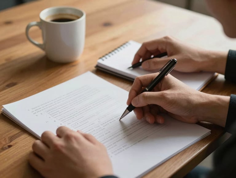 Close-up of two hands over a wooden table — one holding a pen over a content planning sketch, the other steadying a small notebook, a half-empty coffee cup in the background out of focus, warm tungsten side-light from the right, candid mid-task framing, no faces