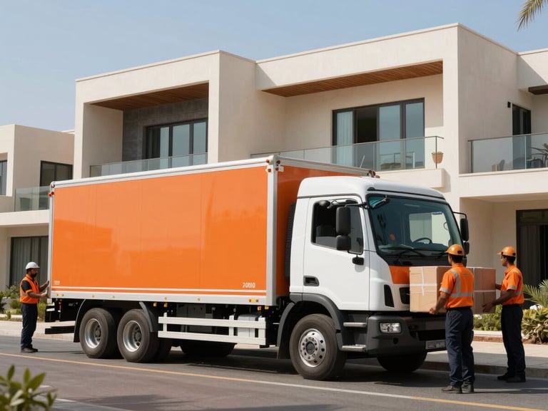 Wide environmental shot of a clean, branded orange and white truck parked outside a modern Dubai villa, uniformed crew loading bulky items under bright sunlight.