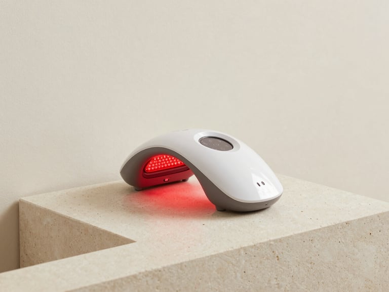 A high-end red light therapy device resting on a minimalist stone vanity, diffused clinical lighting.