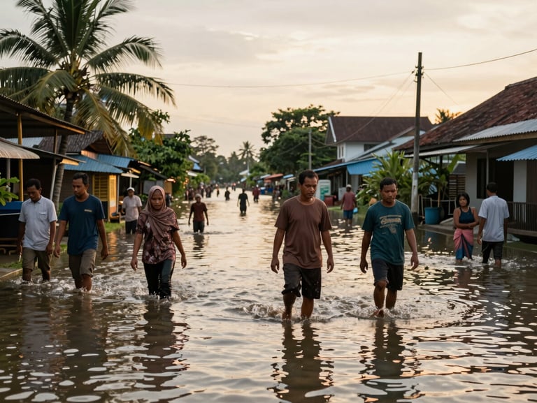 Environmental wide shot of a flooded kampung street in East Java at golden hour, residents wading through ankle-deep water, warm low light reflecting on the water surface