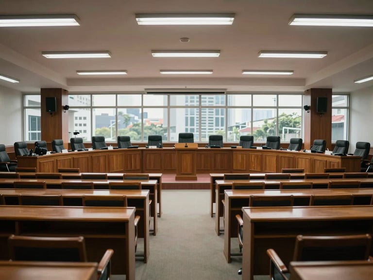 Wide shot of a city council hall in Jakarta, rows of empty wooden chairs under fluorescent light, a single lectern at the front, overcast daylight through high windows