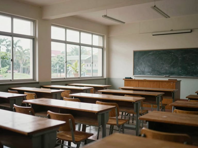 Wide environmental shot of an empty university lecture hall in Bandung, rows of wooden desks under overcast natural light through tall windows, chalk dust visible in the air near the blackboard