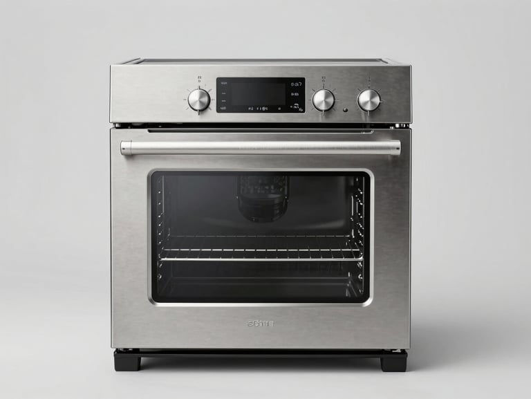 Front-on product photography of a clean, graded stainless steel oven against a neutral light grey background, bright studio lighting