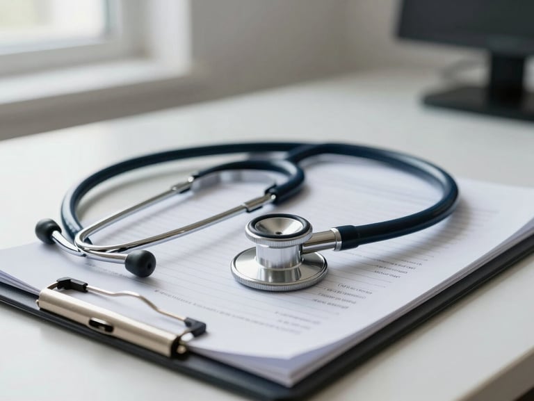 Close-up of a general practitioner's desk in a clean consultation room, stethoscope resting on a clipboard of patient notes, bright natural light from a side window, organized and professional