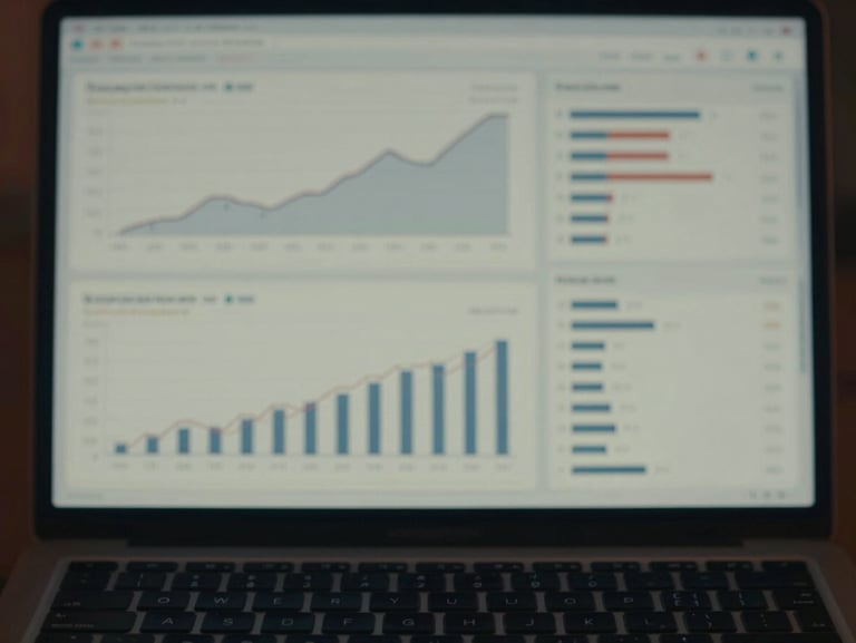 Close-up of a laptop screen displaying clean analytics dashboards with performance graphs in moody, low-key cinematic lighting, 35mm look