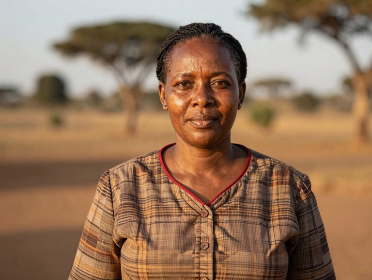 Dignified portrait of a female health leader in Lesotho, looking directly at the camera with a warm, confident expression, natural outdoor lighting.