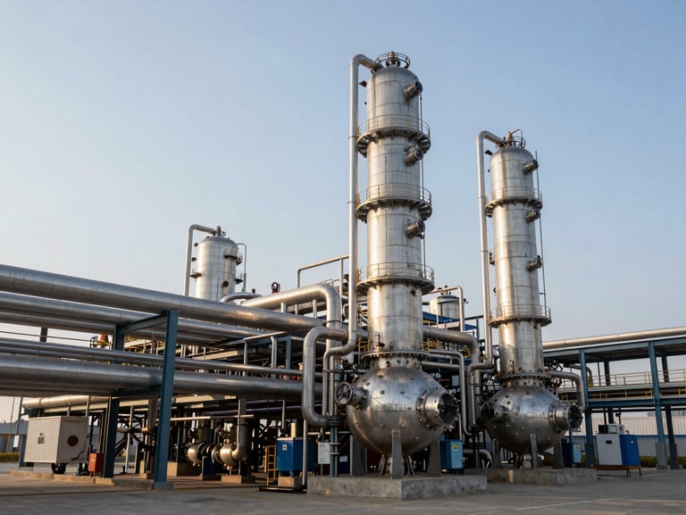 Industrial manufacturing plant exterior with complex steel piping manifolds and distillation towers, crisp morning light.