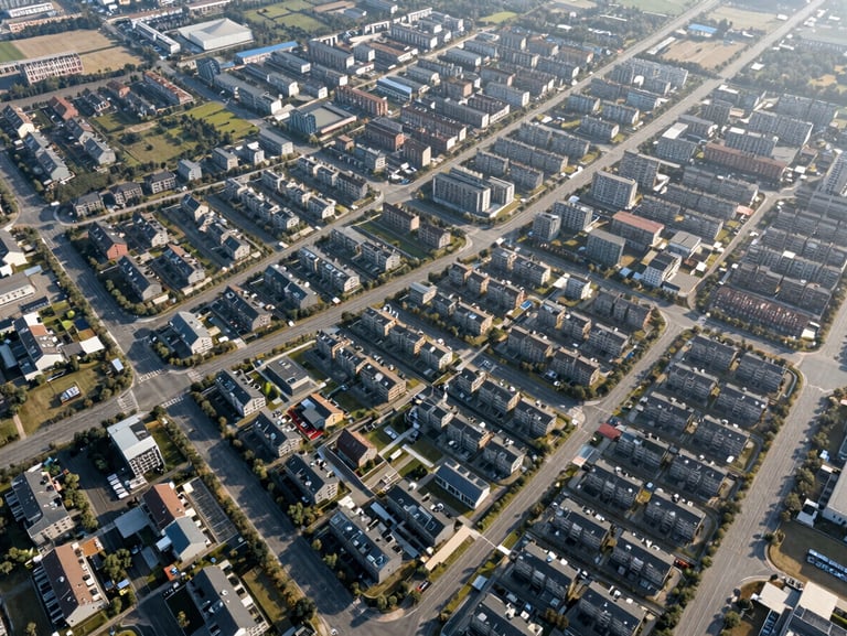 High-angle aerial orthomosaic map of a residential township development under bright morning sun, showing clean parcel boundaries, road layouts, and digital surveying grid overlays.