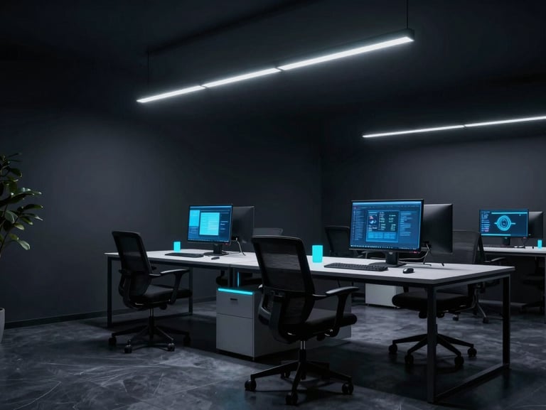 Premium dark-mode editorial photography of a sleek digital agency office in Baghdad, dramatic low-key studio lighting, neon-cyan highlights, sharp contrast