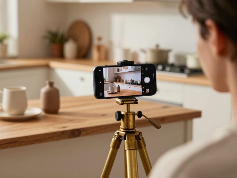 Over-the-shoulder view of a creative studio setup, a smartphone on a brass tripod capturing a warm kitchen counter with organic home goods, sun-drenched lighting.