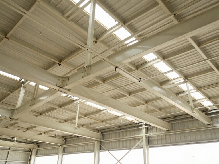 Low-angle interior shot of a massive structural steel hangar in Dammam, showing clean steel joints, wide spans, and bright daylight illumination