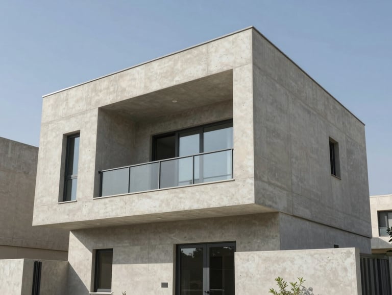 Exterior facade of a modern concrete residential villa in Dammam, clean geometric lines, bright daylight