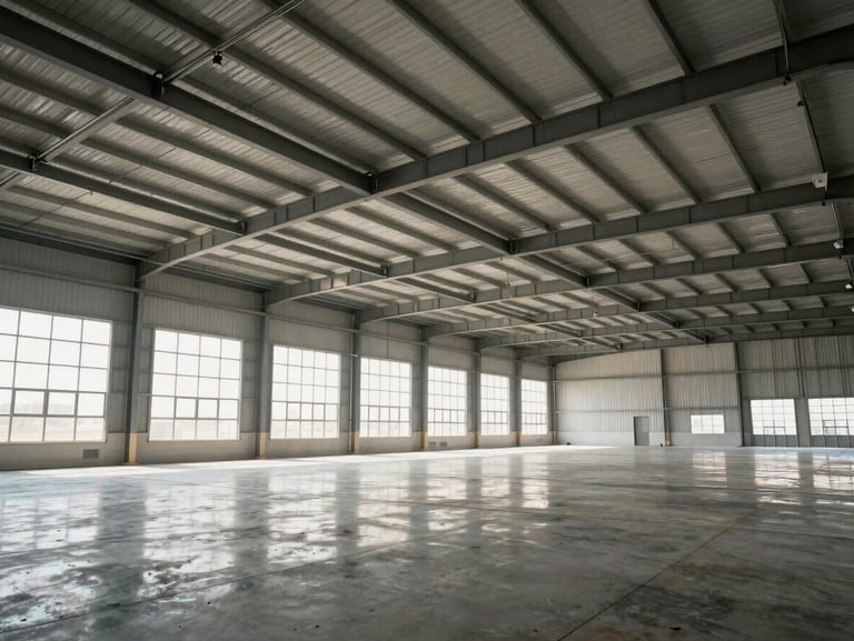Interior of a newly completed commercial steel hangar in Dammam, wide clear span, high ceiling, polished concrete floor