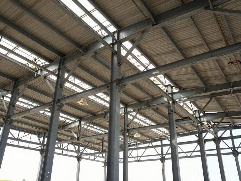 Low-angle shot of a massive structural steel hangar frame under bright Dammam daylight, heavy steel columns and roof trusses visible, industrial scale.
