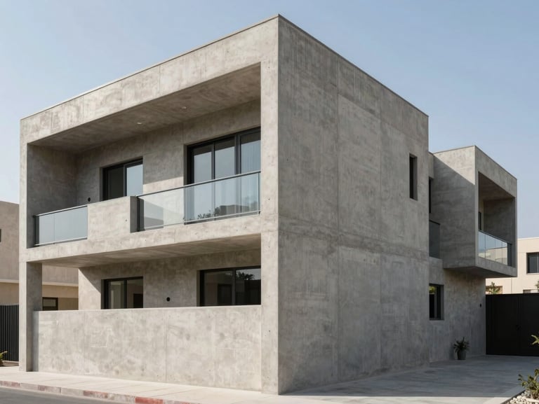 Exterior facade of a modern concrete residential villa in Dammam, clean lines, solid reinforced concrete structure, bright daylight.