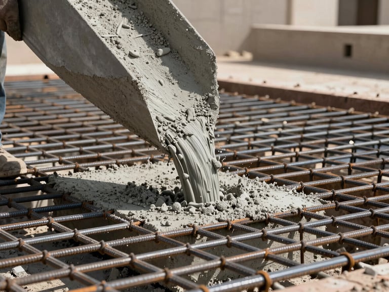 Close-up of fresh concrete pouring on a reinforced steel foundation grid for a residential villa in Dammam, bright daylight