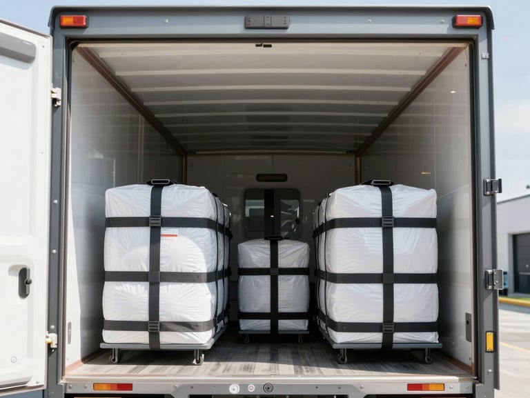 Wide shot of a clean, modern, well-lit logistics truck interior, high-contrast daylight, showing perfectly organized and strapped corporate assets, professional logistics aesthetic, 35mm lens.