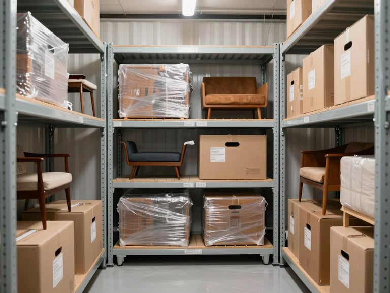 A clean, well-lit, climate-controlled storage vault with neatly wrapped mid-century furniture and professional moving crates, high-contrast, editorial style, 35mm lens.