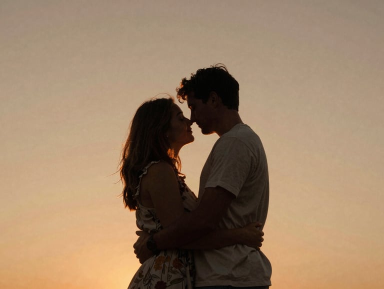 A couple embracing under a warm sunset, backlit silhouette, authentic connection, cinematic frame.