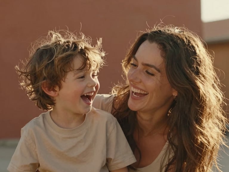 A mother and child laughing together, messy hair, soft natural flare, warm earth tones.
