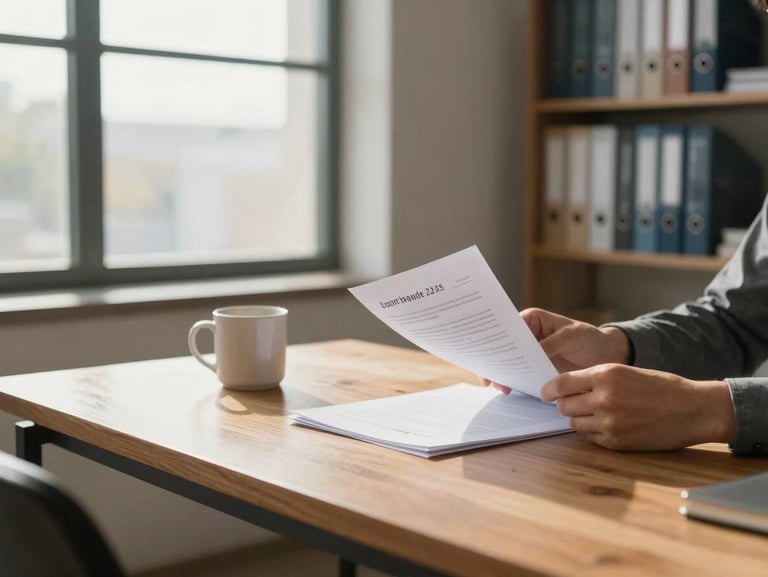 Open-plan home office with a person reviewing papers at a bright wooden desk, natural daylight from a wide window, a coffee mug nearby, shelves with binders in the background, calm and uncluttered