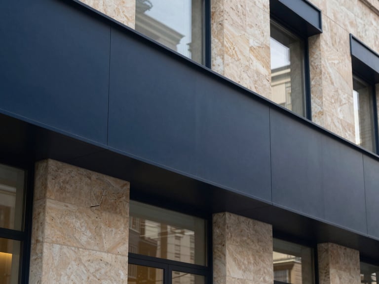 Architectural detail of a modern law office in Madrid, clean structured lines, soft natural light, deep navy and warm stone tones, 35mm