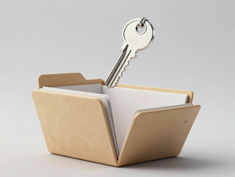 Soft clay-textured 3D illustration of a metallic key floating above an open organized folder, clean minimalist style, soft studio lighting, isolated on a light gray background.
