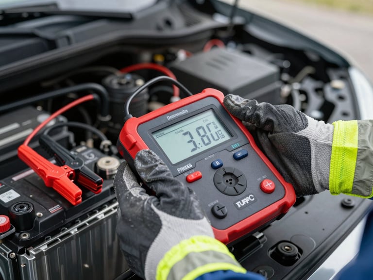 Close-up of a technician's hands in high-visibility gloves holding a digital battery analyzer, red and black clamps connected to a car battery under the hood, crisp focus, overcast daylight.