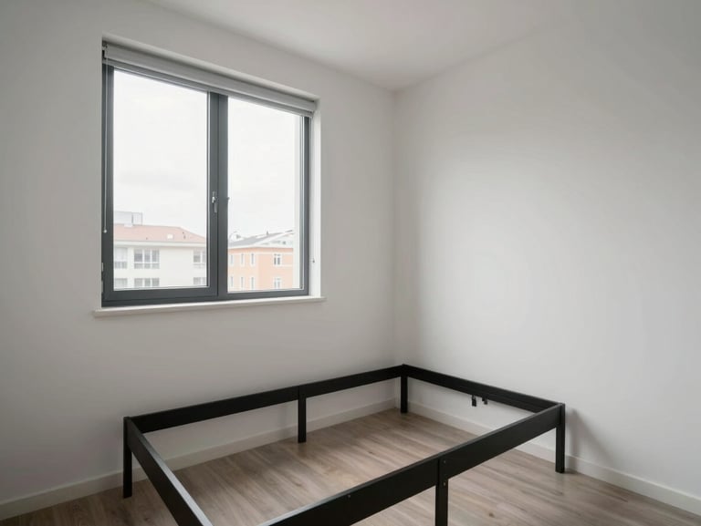 Wide environmental shot of a compact studio apartment bedroom corner, natural daylight from a side window, clean white walls, empty bed frame and minimal furniture, no decor, honest room documentation angle