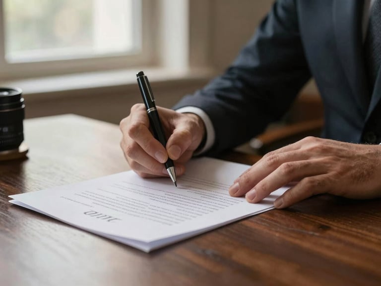 Close-up of hands signing a document on a dark wooden desk, soft side lighting from a window, elegant and professional atmosphere.