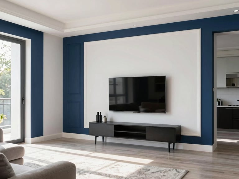 Bright modern residential living room with immaculate white walls and sharp navy blue accent trim, natural sunlight streaming in.