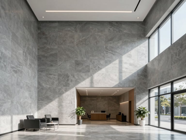 Immaculate high-ceiling commercial office lobby with freshly painted slate-gray accent walls, clean lines, and bright daylight.