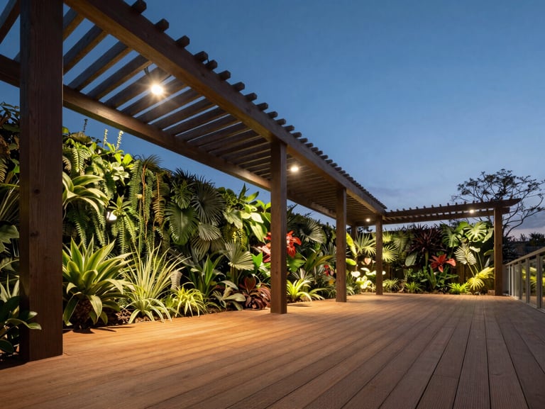 Low-angle architectural shot of the completed luxury terrace garden, illuminated pergola, imported teak decking, lush automated vertical gardens, twilight sky.
