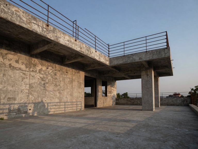 Low-angle architectural shot of a raw concrete penthouse terrace in Delhi, exposed rebar, dramatic twilight shadows, structural grid.